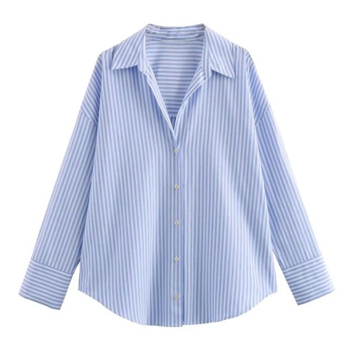 Elegant lång randig damskjorta med krage och knappar Långärmad Randig blus för arbete och fritid Snygg och luftig