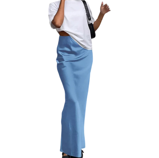 Elegant lång satinkjol med hög midja, glansig ankellång kjol för kvinnor, trendig maxikjol för kvällsfest, kjol