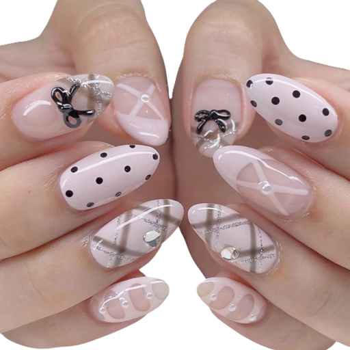 Elegant Oval Artificial Nail Set 12 Sizes Dots Grid 3D Bows Gems and Pearls Creative French Style for Women 24 pcs