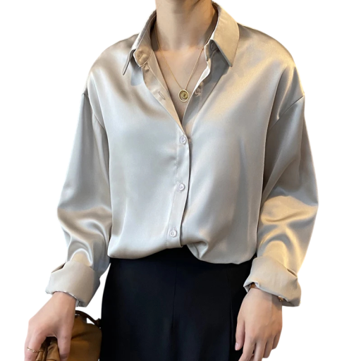 Elegant satinbluse til damer med krave Løs pasform med knapper Ensfarvet bluse i polyester Stilfuld top til arbejde og fritid