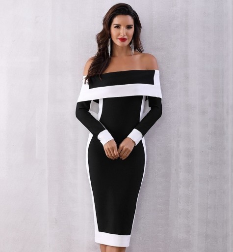 Elegant sort og hvid kjole A2776