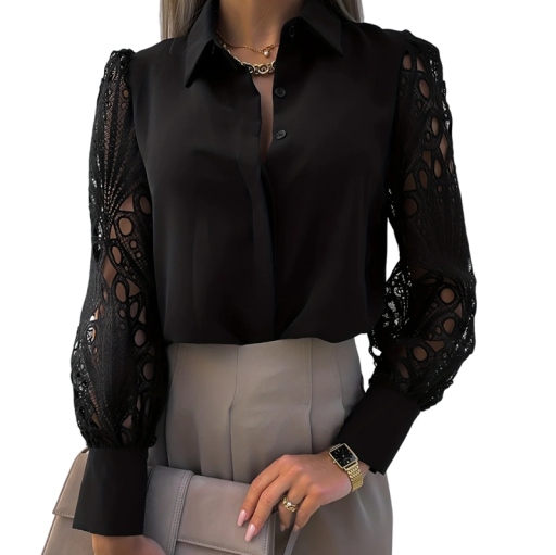 Elegante blouse voor dames met lange kanten mouwen Transparante versiering V-hals Shirtkraag Stijlvolle top voor werk en sociale gelegenheden