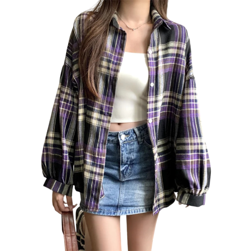 Elegante camicia a quadri da donna con colletto Camicia ampia con chiusura a bottoni Top alla moda in poliestere per outfit quotidiani e lavorativi