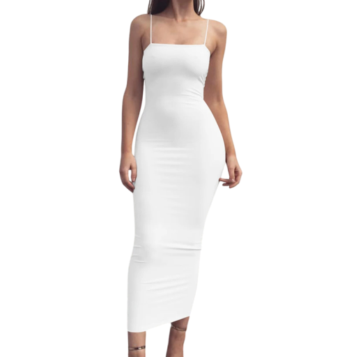 Elegante getailleerde jurk met dunne bandjes. Knielengte. Minimalistische snit. Elastisch materiaal voor een goede pasvorm. Jurk voor zowel 's avonds als overdag.