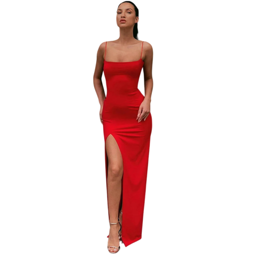 Elegante vestido largo con tirantes finos Corte entallado Abertura alta Escote cuadrado Traje de noche minimalista para una fiesta
