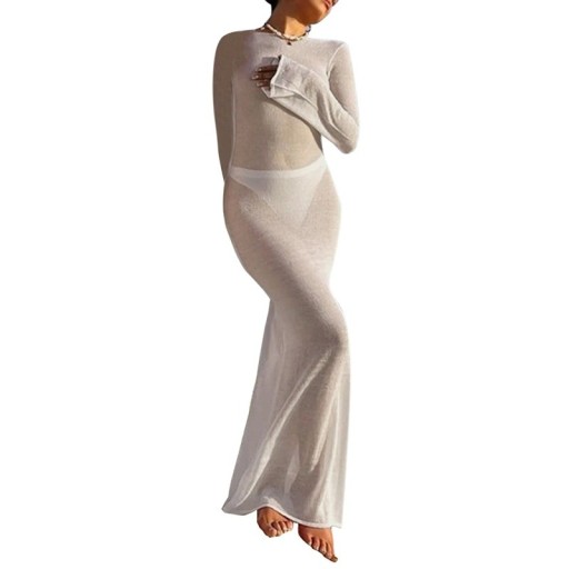 Elegante vestido largo transparente de mujer con escote en la espalda y manga larga. Corte entallado. Elegante vestido de noche de verano.