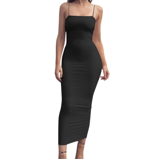 Elegantes, tailliertes Kleid mit dünnen Trägern. Knielang. Minimalistischer Schnitt. Elastisches Material für eine optimale Figur. Kleid für Abend und Tag.