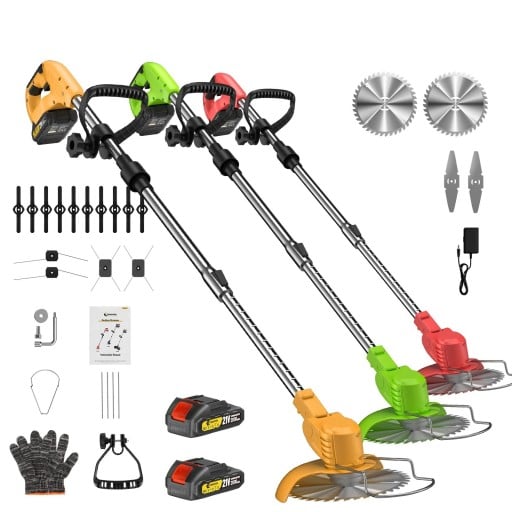 Elektrická sekačka na trávu CONENTOOL skládací 2 baterie 21 V nastavitelná délka 30 cm 135 x 15 cm 15000 ot/min vyžínač na trávu i plevel