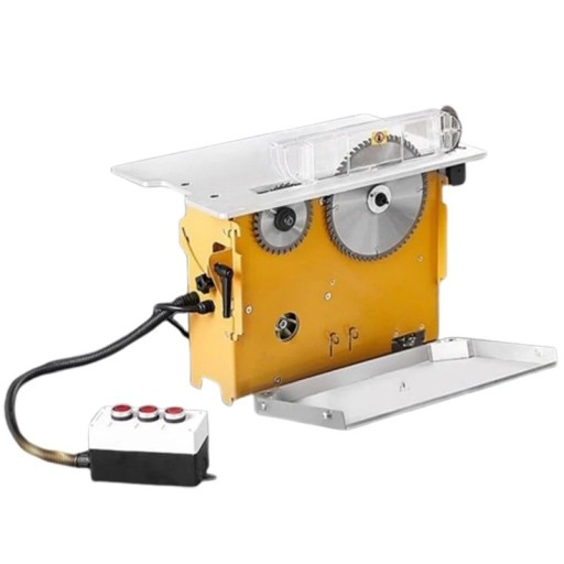 Elektrická stolní pila s odsáváním prachu a kotouči 20,3 i 10,2 cm s motory 2,6 a 1,6 kW o rozměrech 50 x 30 x 32,5 cm ve žlutém provedení