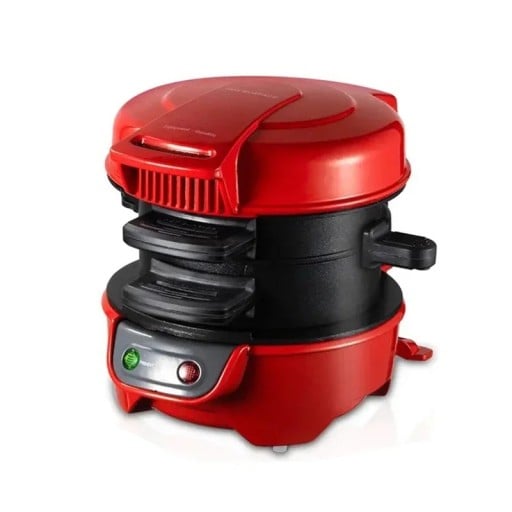 Elektrický burger maker 220V kompaktní 14 × 20 × 13 cm vícevrstvý sendvičovač červený černý pro přípravu hamburgerů doma