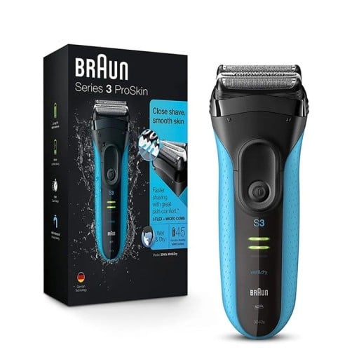 Elektrický holicí strojek pro muže Braun Series 3 ProSkin 3040s 3 plovoucí břity Vodotěsný Mokré i suché holení Modrý Na vousy i obličej