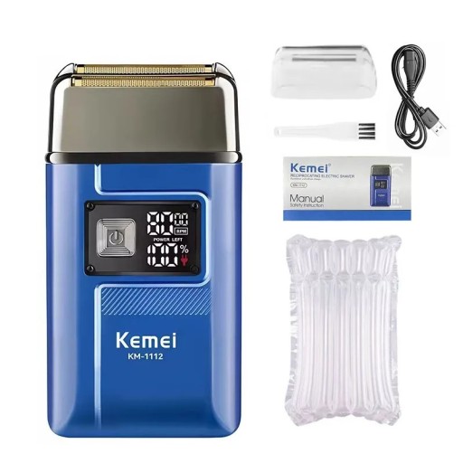 Elektrický holicí strojek pro muže Kemei KM-1112 LCD displej Výsuvný zastřihovač IPX5 vodotěsný Baterie 1400 mAh Modrý Na vousy i kotlety