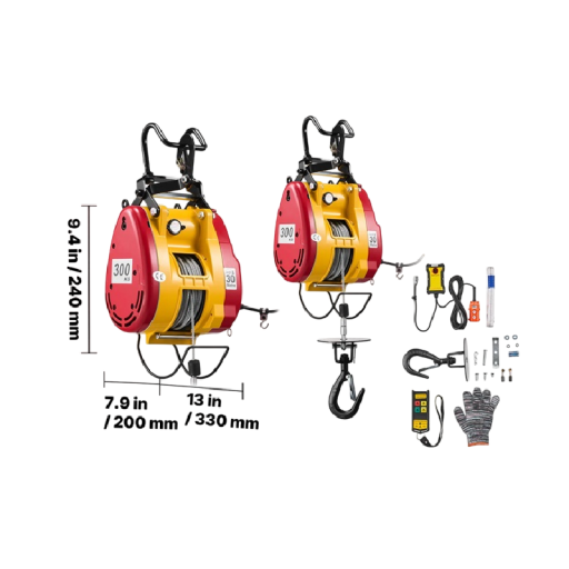 Elektrický kladkostroj 300KG-HXA1 bezdrátový a drátový ovladač 1500 W nosnost 300 kg lano 30 m Červeno-žlutý Pro zvedání břemen
