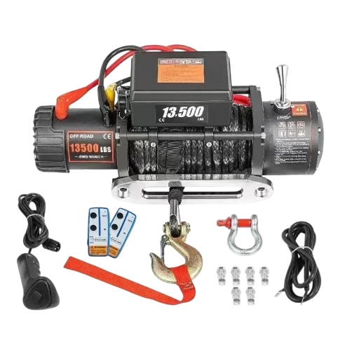 Elektrický naviják so syntetickým ťahovým lanom ťah 6123,5 kg motor 4,8 kW 12 V 52x15x24 cm čierny pre offroad SUV a 4x4 vozidlá