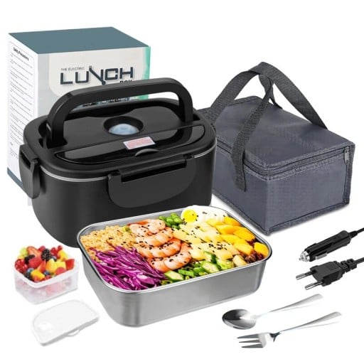 Elektrický ohrievací obedový box na jedlo do auta aj do siete s objemom 1,5 l a príkonem 60 W v čiernej farbe s termotaškou a príbormi