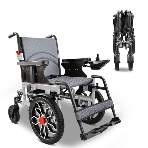 Elektrický skládací invalidní vozík Motor 500 W a dojezd 20 km Nosnost 150 kg Ovládání joystickem 360 stupňů Pneumatiky 40 cm Šedý do terénu