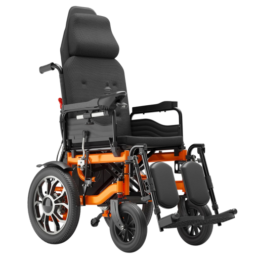 Elektrický skládací invalidní vozík pro dospělé Polohování až 160° odnímatelná opěrka hlavy Dojezd 24 km Dva motory 250 W Oranžovo-černý