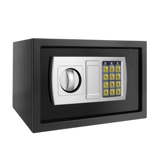 Elektrický trezor 8,5 l s digitálním PIN kódem a klíčem, 20×31×20 cm, ocel 2 mm, předvrtané otvory, domácí bezpečnost