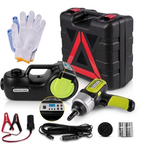 Elektrický zdvihák do auta 5 t 12 V s rázovým utahovačom a kompresorom Zdvih 13,5–36 cm LED svetlo Čierna a zelená Na výmenu pneumatík