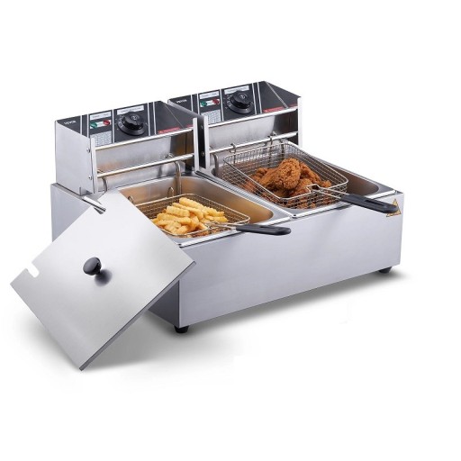 Elektrische Fritteuse mit zwei Behältern, 12 l, 1500 W, Tischfritteuse aus Edelstahl für Pommes Frites, Doppelkammer-Fritteuse mit manueller Steuerung, 54 x 45 x 30 cm