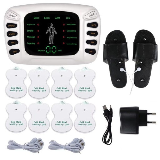 Elektrische massage stimulator TENS EMS 8 modi 4 lichaamsprogramma's wit met slippers en 8 elektroden acupunctuur masseur voor pijn