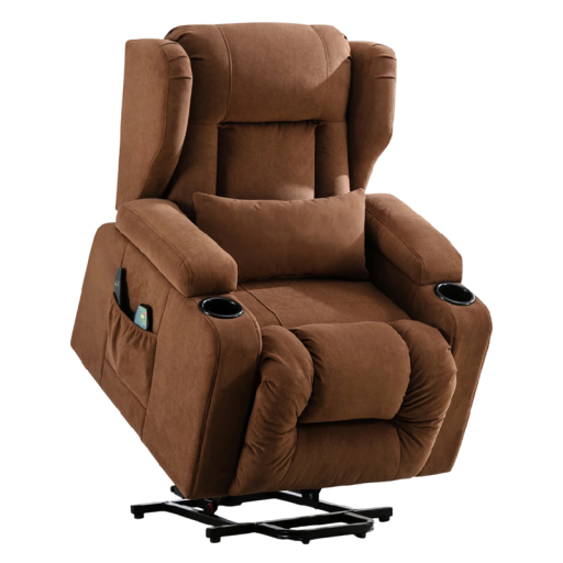 Elektrische massagefauteuil met liftmechanisme, bekerhouders, 75 x 83 x 100 cm, stof, bruin, verstelbare relaxfauteuil