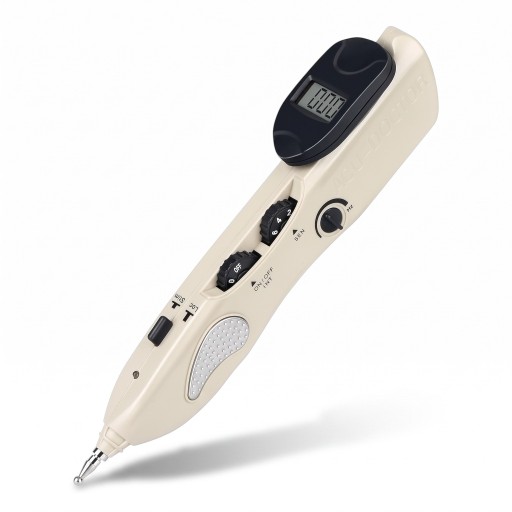 Elektrisk akupunkturpen med automatisk punktlokalisering, 3 massagehoveder, genopladelig, LCD-display, beige, til akupressur og kropsmassage