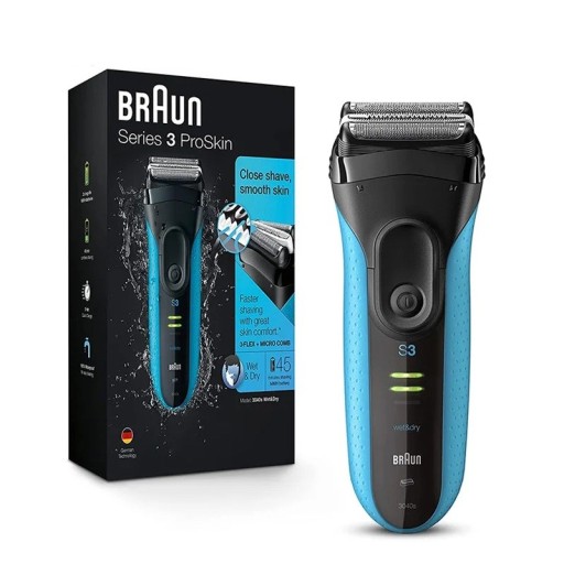 Elektrisk barbermaskine til mænd Braun Series 3 ProSkin 3040s 3 flydende blade Vandtæt Fugtig og tør barbering Blå Til skæg og ansigt