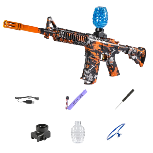 Elektrisk børnemaskinpistol til gelkugler 73 x 32 cm. Børnepistol med magasin, beskyttelsesbriller, USB-opladning og skruetrækker