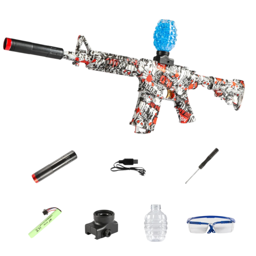 Elektrisk børnemaskinpistol til gelkugler 75 x 32 cm. Børnepistol med magasin, briller, USB-opladning og skruetrækker