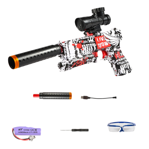 Elektrisk børnemaskinpistol til hagl 31,8 x 27 cm. Pillepistol til børn med USB-opladning, sikkerhedsbriller, skruetrækker
