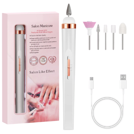 Elektrisk neglefil med USB-opladning og 5 vedhæftninger med LED-lys til manicure, pedicure, polering og eksfoliering af negle derhjemme