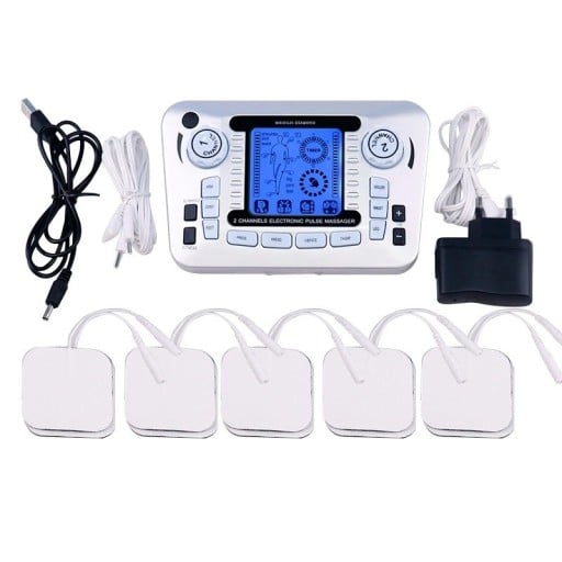 Elektrisk pulserende massageapparat TENS EMS 2 kanaler 12 programmer 20 niveauer 15,3 cm sølv akupunktur smerte lindring af muskler