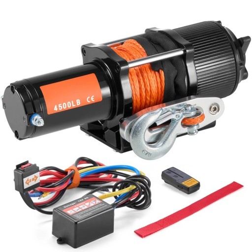 Elektrisk vinsj 12V med stålkabel, belastning 2041 kg, dimensioner 35,4×11,7×12,3 cm, sort-orange til offroad og håndtering