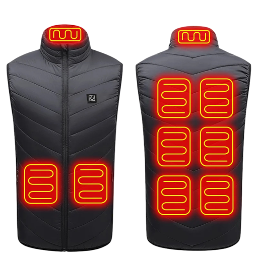 Elektromos fűthető mellény, USB 5V/2A, férfi, fekete, 9 fűtési zónával, szénszálas, 3 hőmérséklettel, vízálló hátul, elöl, nyakkal, 12 órán