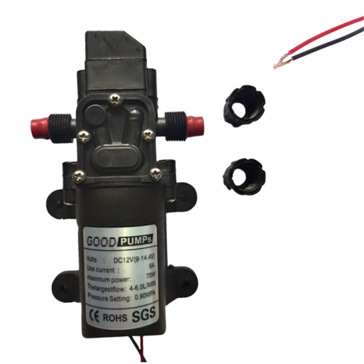 Elektroniczna pompa membranowa 12 V z ciśnieniem 130 PSI i mocą 70 W z przepływem 6 l na minutę i poborem 6 A w czarnym kolorze do oprysku