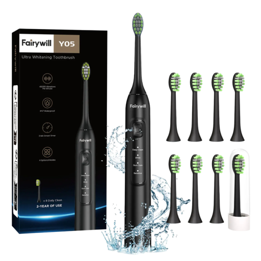 Elektryczna soniczna szczoteczka do zębów z ładowaniem USB, wodoodporna IPX7, 8 wymiennych końcówek, przypomnienie 30 s, 2-minutowy timer, szybkie ładowanie