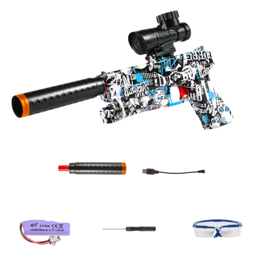 Elektryczny dziecięcy pistolet maszynowy na śrut 31,8 x 27 cm. Pistolet na śrut dla dzieci z ładowaniem przez USB, okulary ochronne, śrubokręt