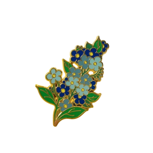 Emaille-Pin mit blauen Blumen botanische Brosche metallischer Anstecker grüne Blätter florales Motiv Schmuck Zubehör für Rucksack Jacke Kleidung