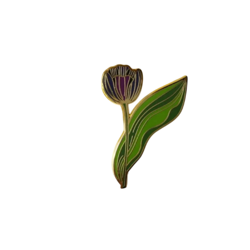 Emaille Pin Pflanze Blüte mit Blatt botanische Brosche grün lila metallischer Anstecker Zubehör für Rucksack Revers Kleidung