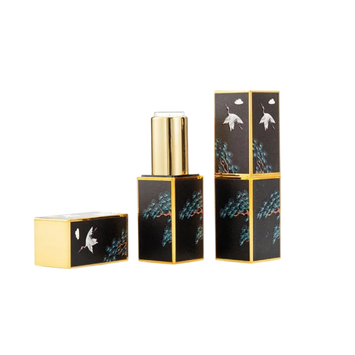 Empty Lipstick Case with Magnetic Closure 22×74 mm Plastic Black with Gold Elements and Crane Motif for Cosmetic Use