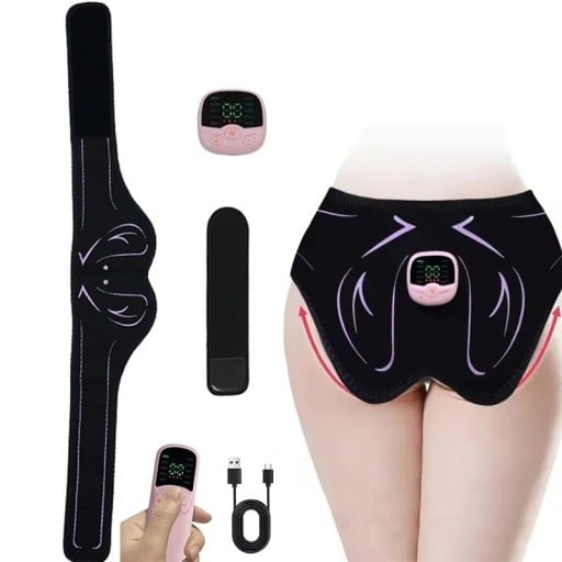EMS trenažér na hýždě a boky 10 režimů a 30 úrovní intenzity Délka 110 cm Nabíjení přes USB Černý pás s růžovým ovladačem Na posílení svalů