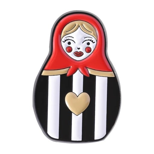 Enamelled Brooch Drawing Russian Figure Doll with Heart Metal Badge Black and White with Red Scarf Clothing Accessory