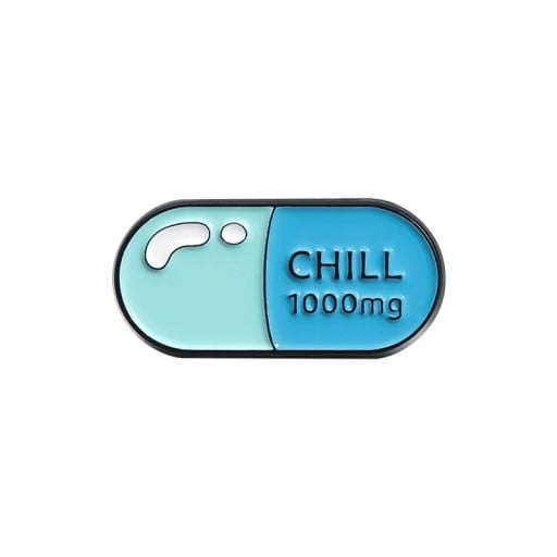 Enamelled Capsule Badge 3 × 1.3 cm Metal Brooch Blue-Turquoise with the Inscription CHILL 1000mg Accessory for Backpack Clothing