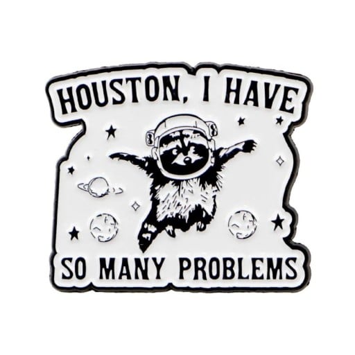 Enamelled Raccoon Astronaut Pin with Inscription Approximately 3.2 × 2.7 cm Cartoon Design Black and White Badge for Backpack Clothing Lapel