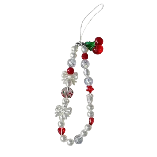 Encantador collar de cuentas para teléfono con cerezas Llavero de muñeca Pulsera de perlas para móvil Llavero con corazones y lazo rojo blanco