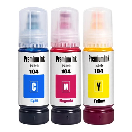 Encre 104 Ensemble de 3 pièces Pour Epson EcoTank ET-2821 ET-2825 ET-2826 ET-2830 Flacons 3x 70 ml À base d'eau Cyan Magenta et Jaune