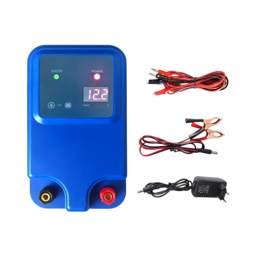 Energizor electric pentru gard cu display digital, alimentare 12 V, putere de până la 3 W, ieșire de până la 12 kV, alimentator albastru pentru pășunile animalelor