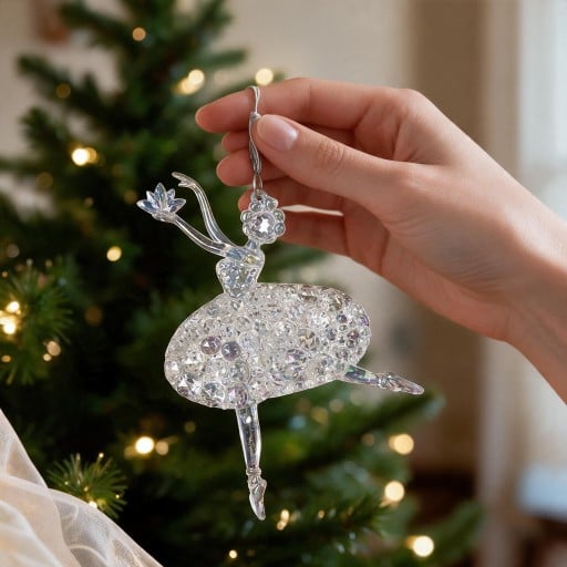 Enfeite de Natal para Árvore Bailarina com Flor Saia coberta de pedrinhas Transparente com brilho perolado Com fita Figura suspensa para o Natal