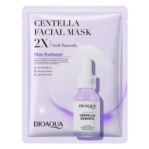 Engangs ansigtsmaske med Centella Asiatica ekstrakt. Fugtgivende sheetmaske til udglatning og blødgøring af ansigtet med Centella Asiatica. Forfriskende ansigtsmaske til hele ansigtet. 20 stk.